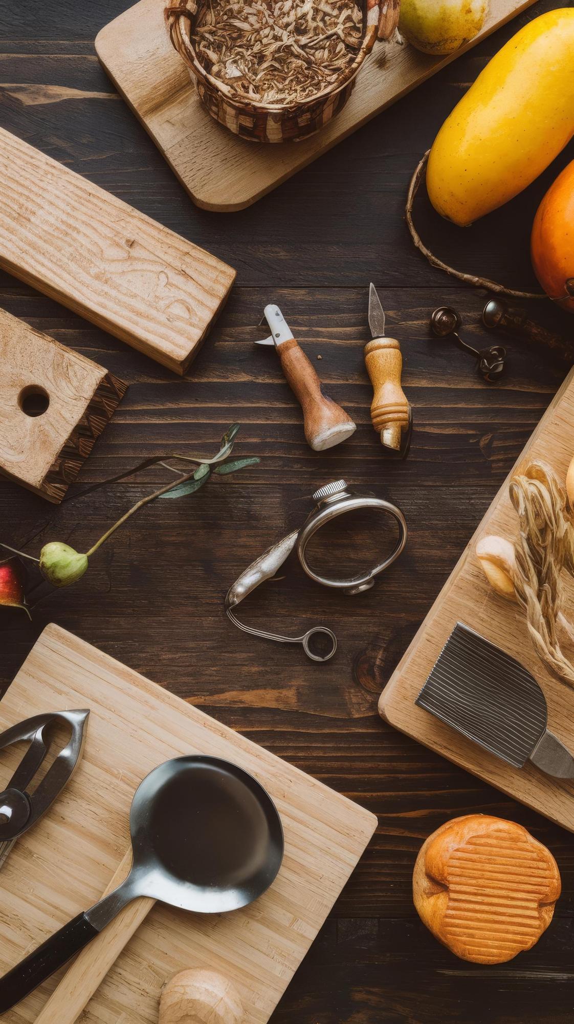 Workshop kitchen with wooden table and tools